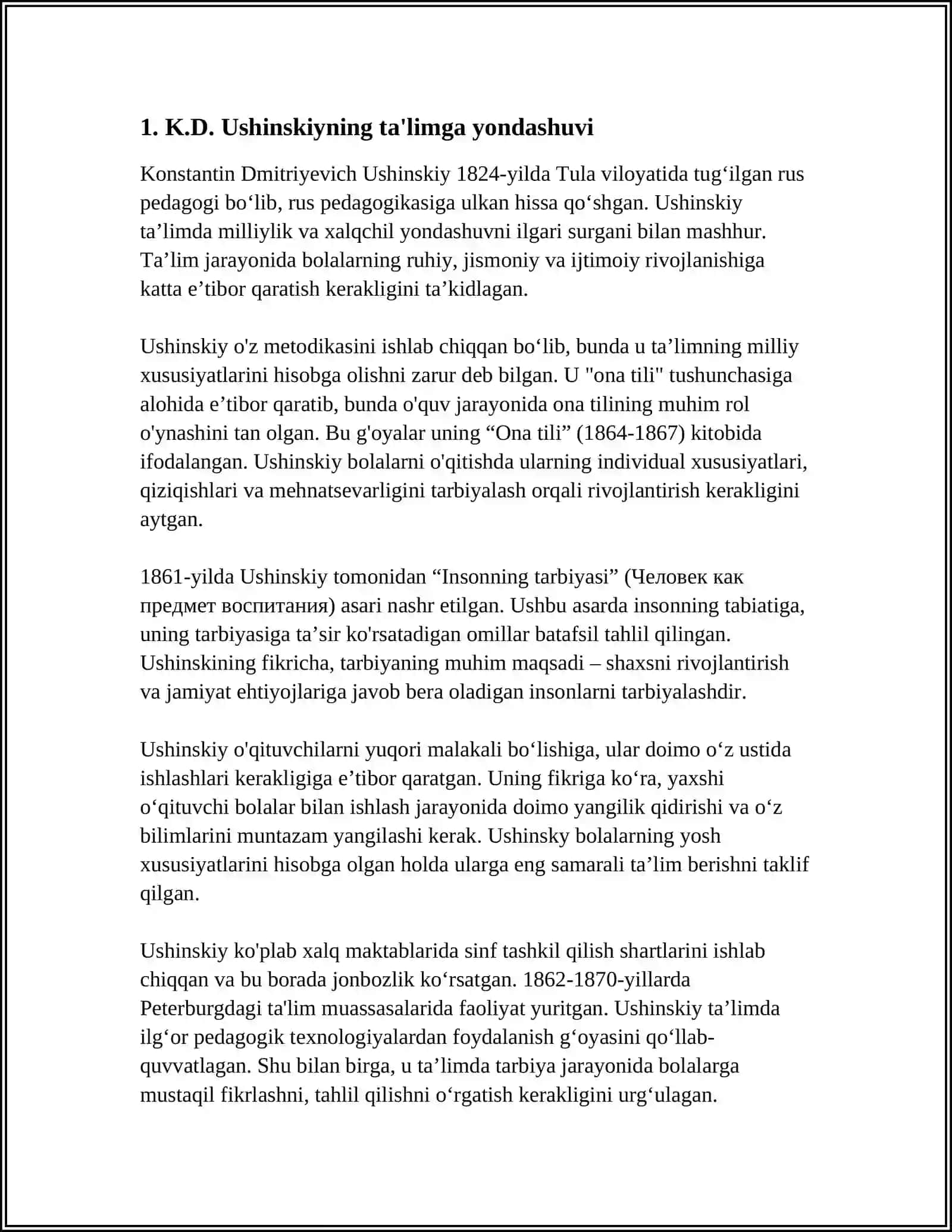 K.D.USHINSKIYNING PEDAGOGIK GOYALARI. L.N. TOLSTOYNING PEDAGOGIK QARASHLARI 3