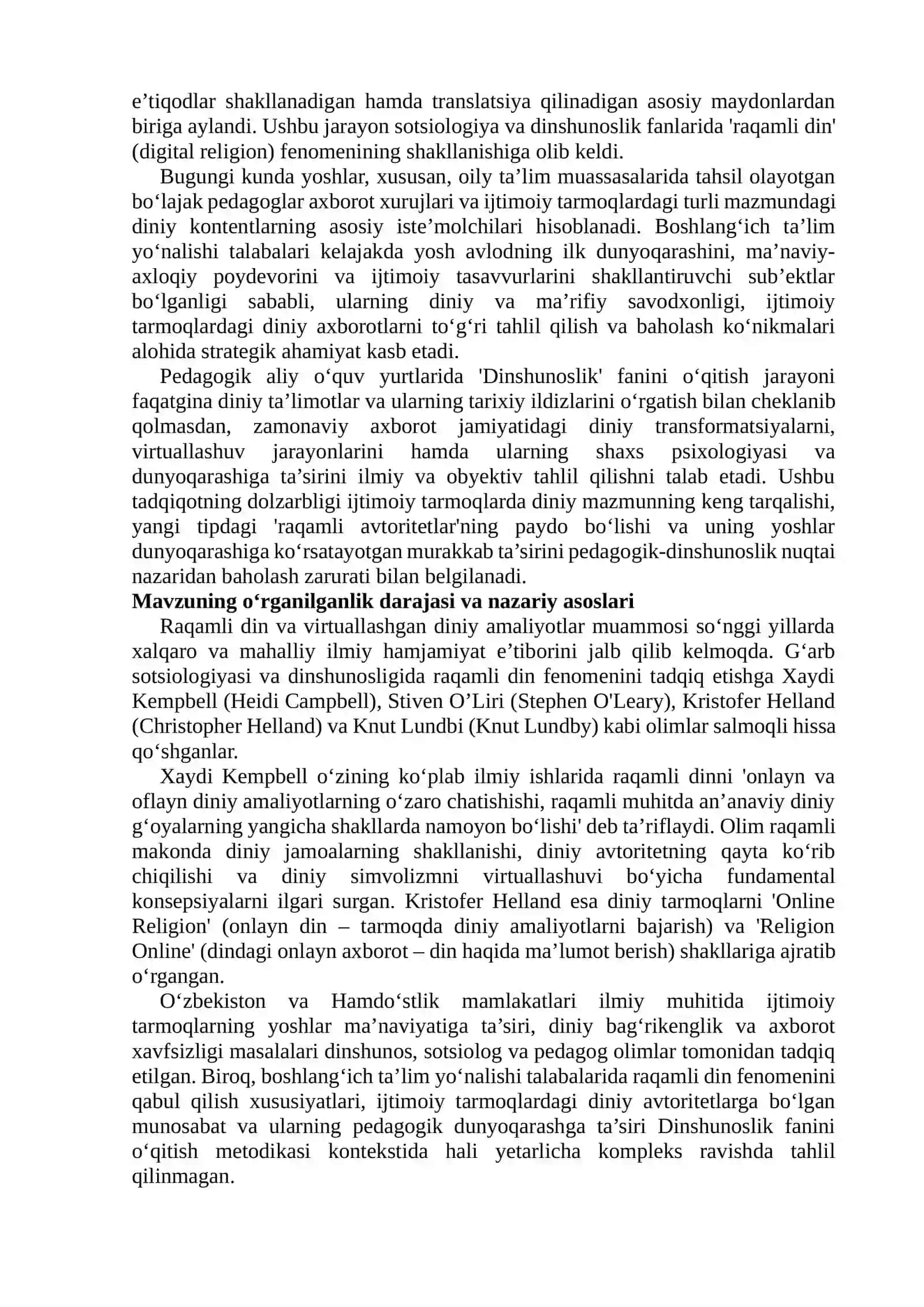 RAQAMLI DIN FENOMENI: IJTIMOIY TARMOQLARDA DINIY MAZMUN, DINIY AVTORITET VA YOSH LAR DUNYOQARASHINING O‘ZGARISHI 3