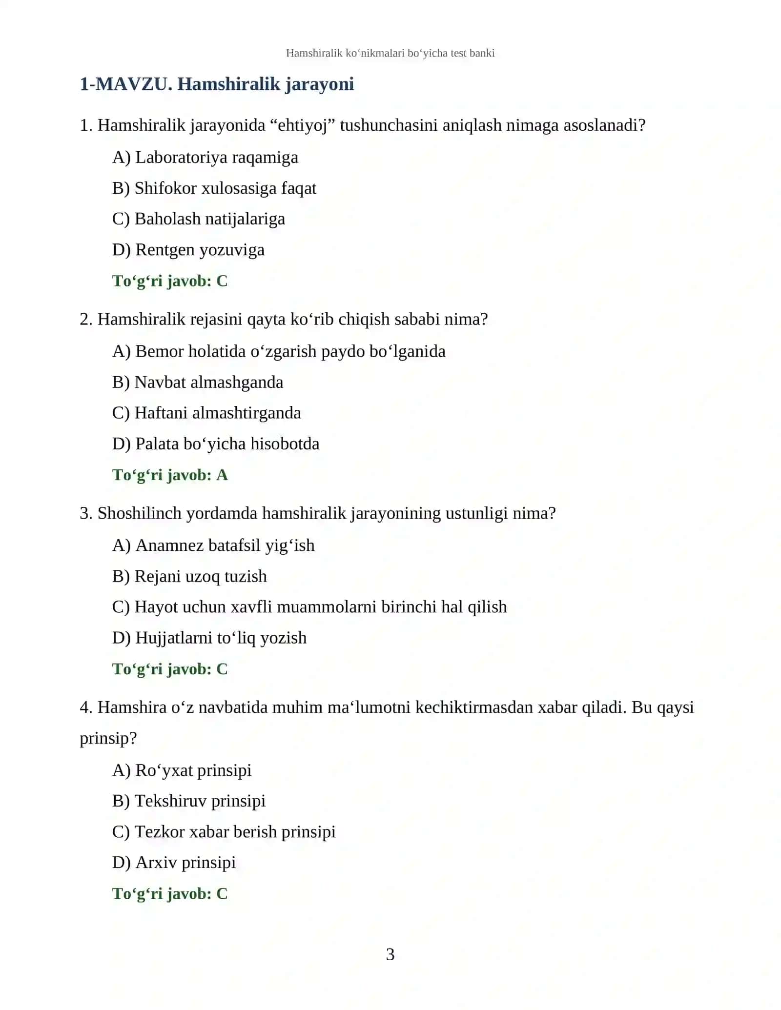 Hamshiralik ko‘nikmalari bo‘yicha test banki 3