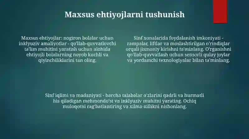 Alohida Yordamga Muhtoj Bolani Samarali Inkluziyasi Uchun Ichki Sharoitlari 3
