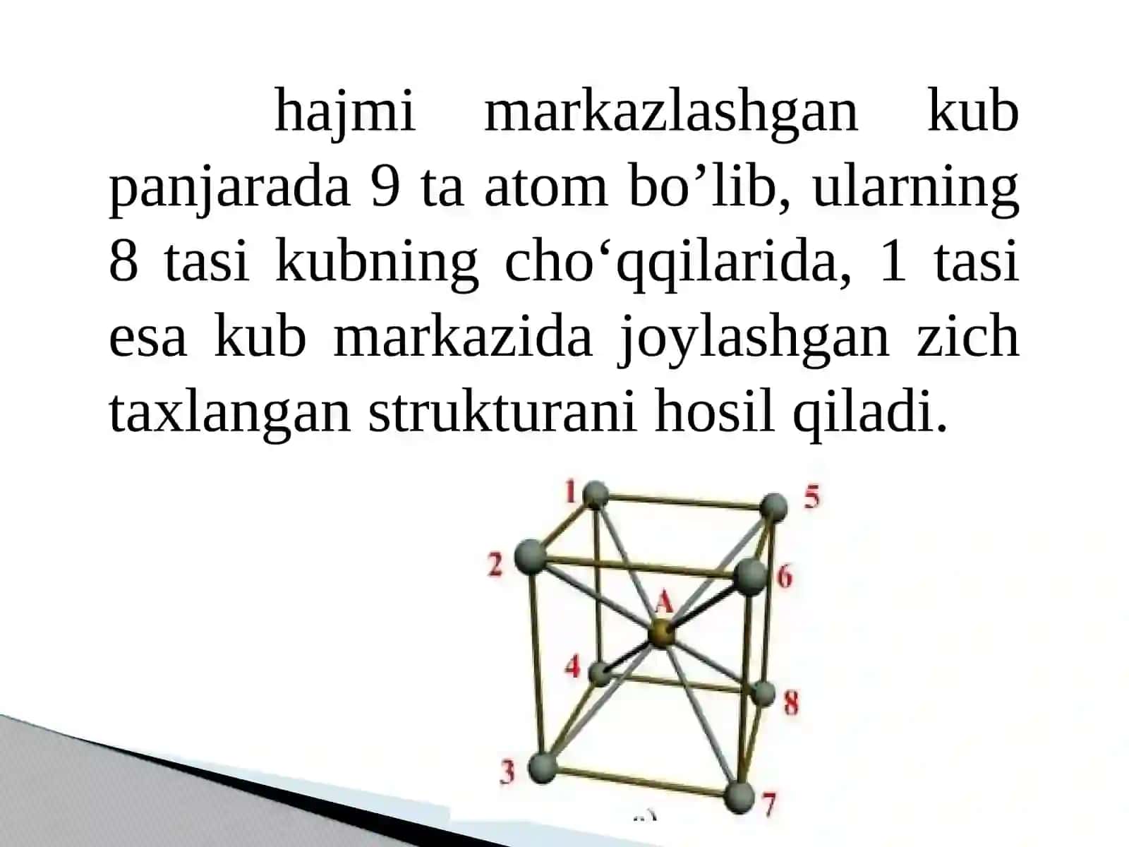 Hajmi markazlashgan kub yacheykaga ega bo‘lgan metallarning nazariy zichligi 3