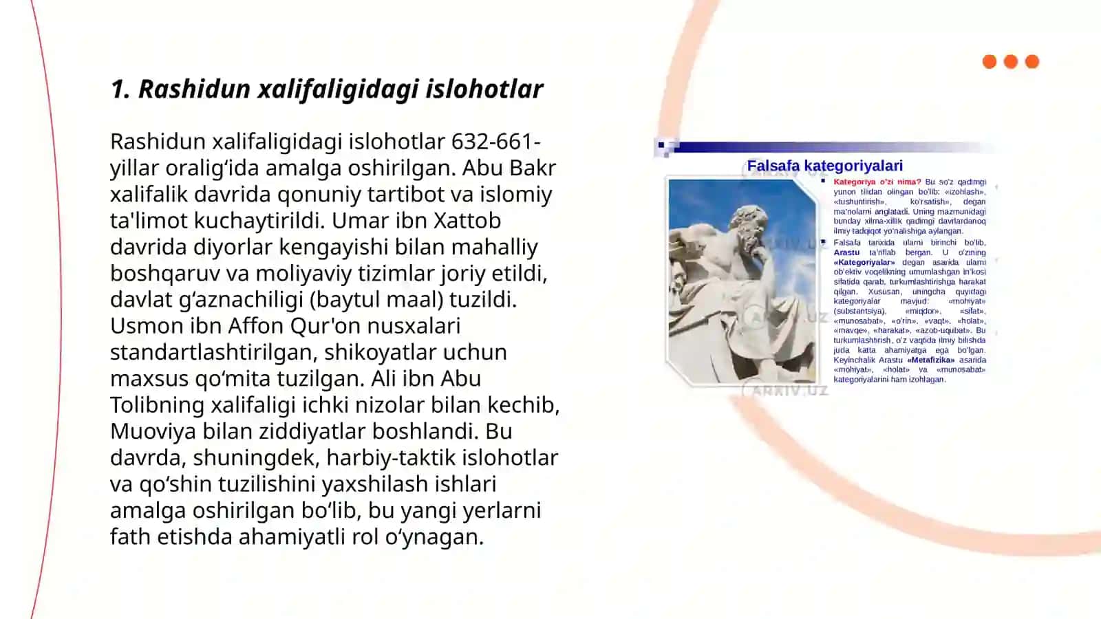 Roshid halifalar hukumronligi davridagi islohotlarning mohiyati. Ummaviylar va abbosiylar davrida dinga munosabat 3