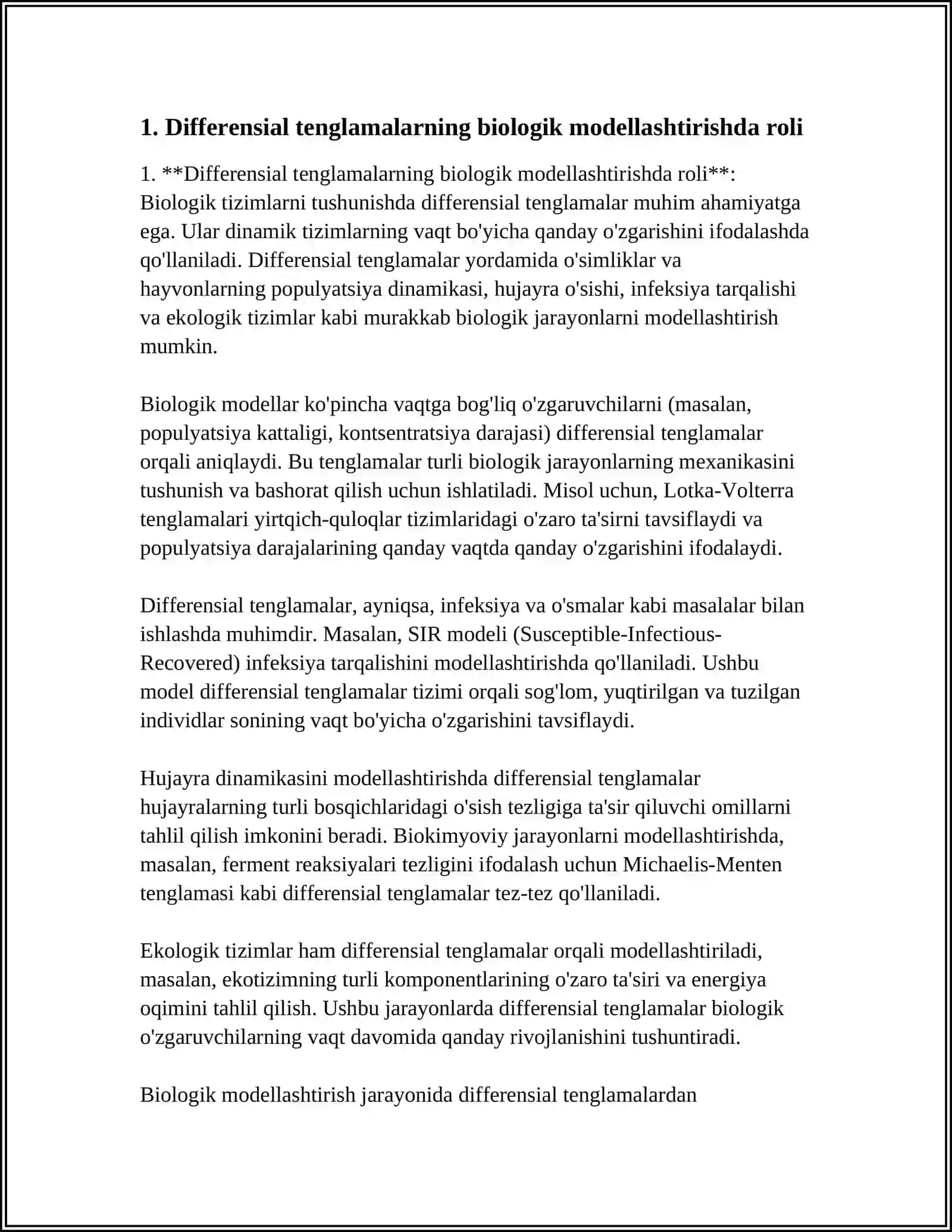 TIBBIY BIOLOGIK MAZMUNIDAGI DIFFERENSIAL TENGLAMALARNI TUZISH VA YECHISH 3