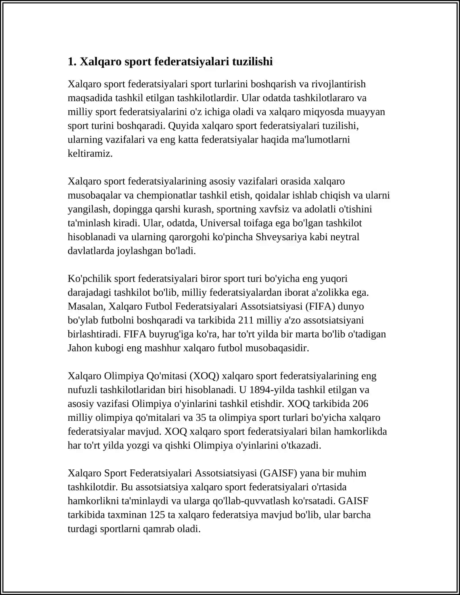 Xalqaro sport federatsiyalari va ularning faoliyati 3