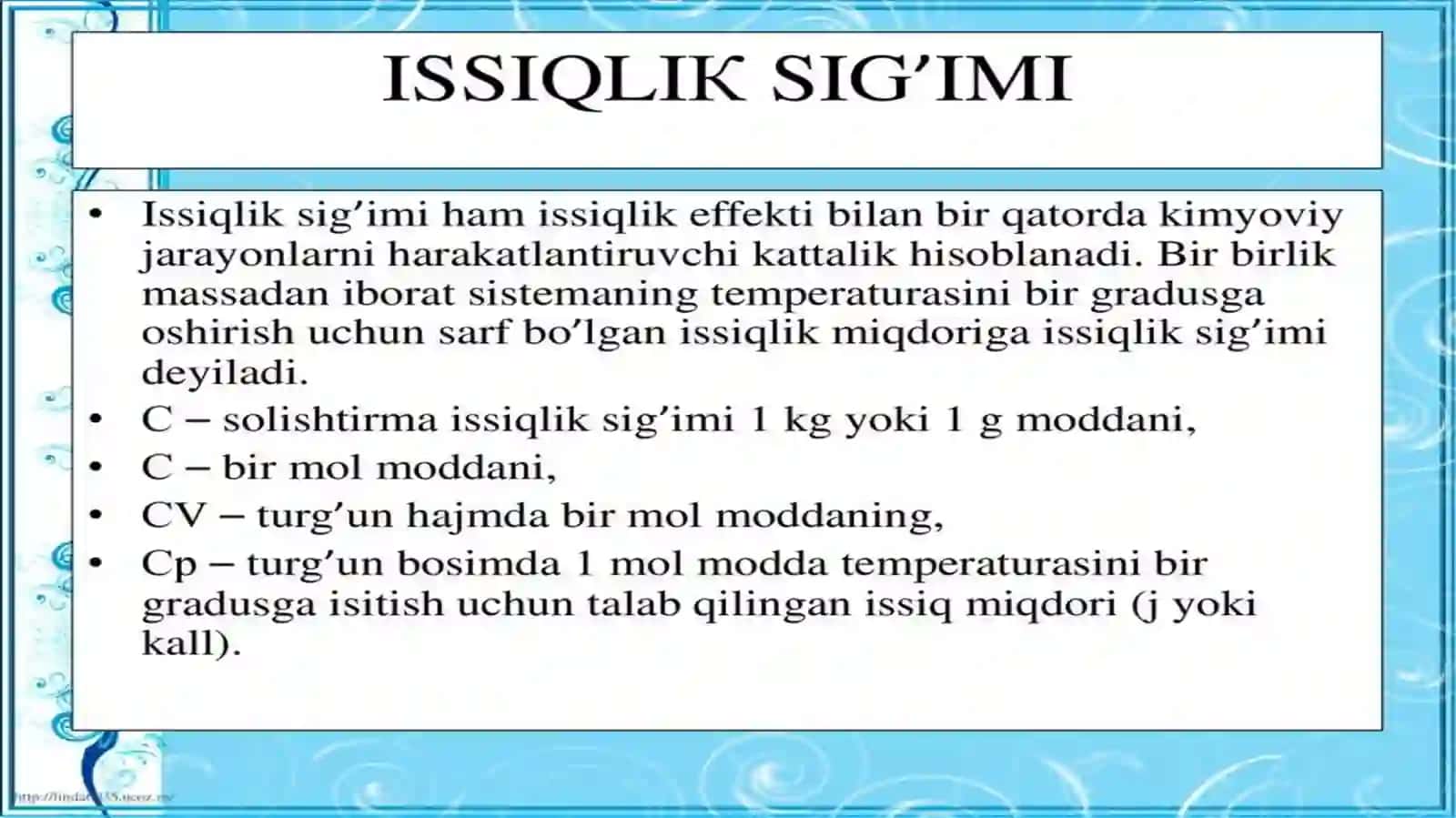 Ideal gazning bosimi ichki   enargiyasiVa issiqlik  sigʻimi 3