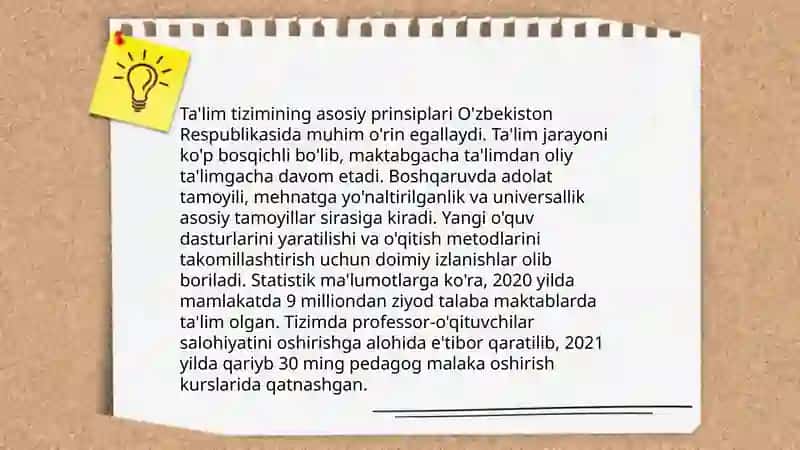 Oʻzbekiston Respulikasi ta’lim toʻgrisidagi qonun mazmun mohiyati. Kasb ta’lim fanini predmeti maqsadi va vazifalari 3