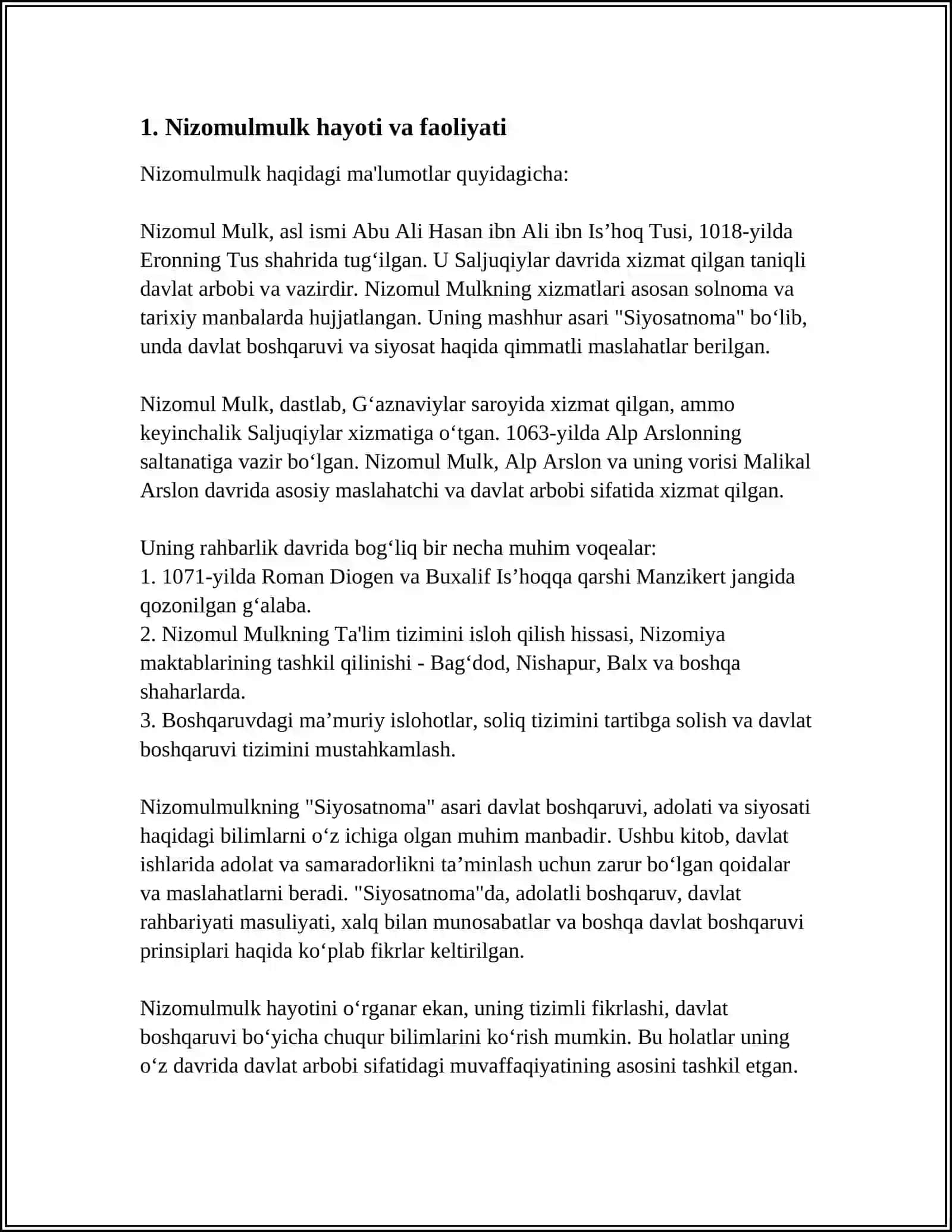 NIZOMULMULKNING "SIYOSATNOMA" ASARIDAGI HIKOYATLAR TAHLILI 3