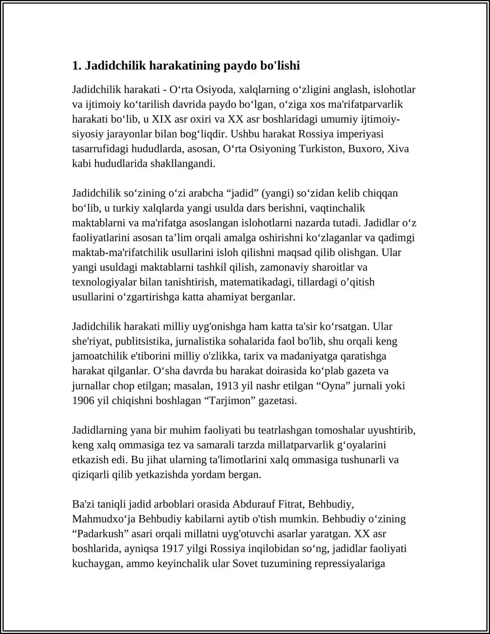 JADID MARIFATPARVARLARINING OʻLKASI IJTIMOIY MANAVIY HAYOTIDA TUTGAN OʻRNI(MUNAVVAR QORI, FITRAT,BEHBUDIY,AVLONIY VA BOSHQALAR) 3