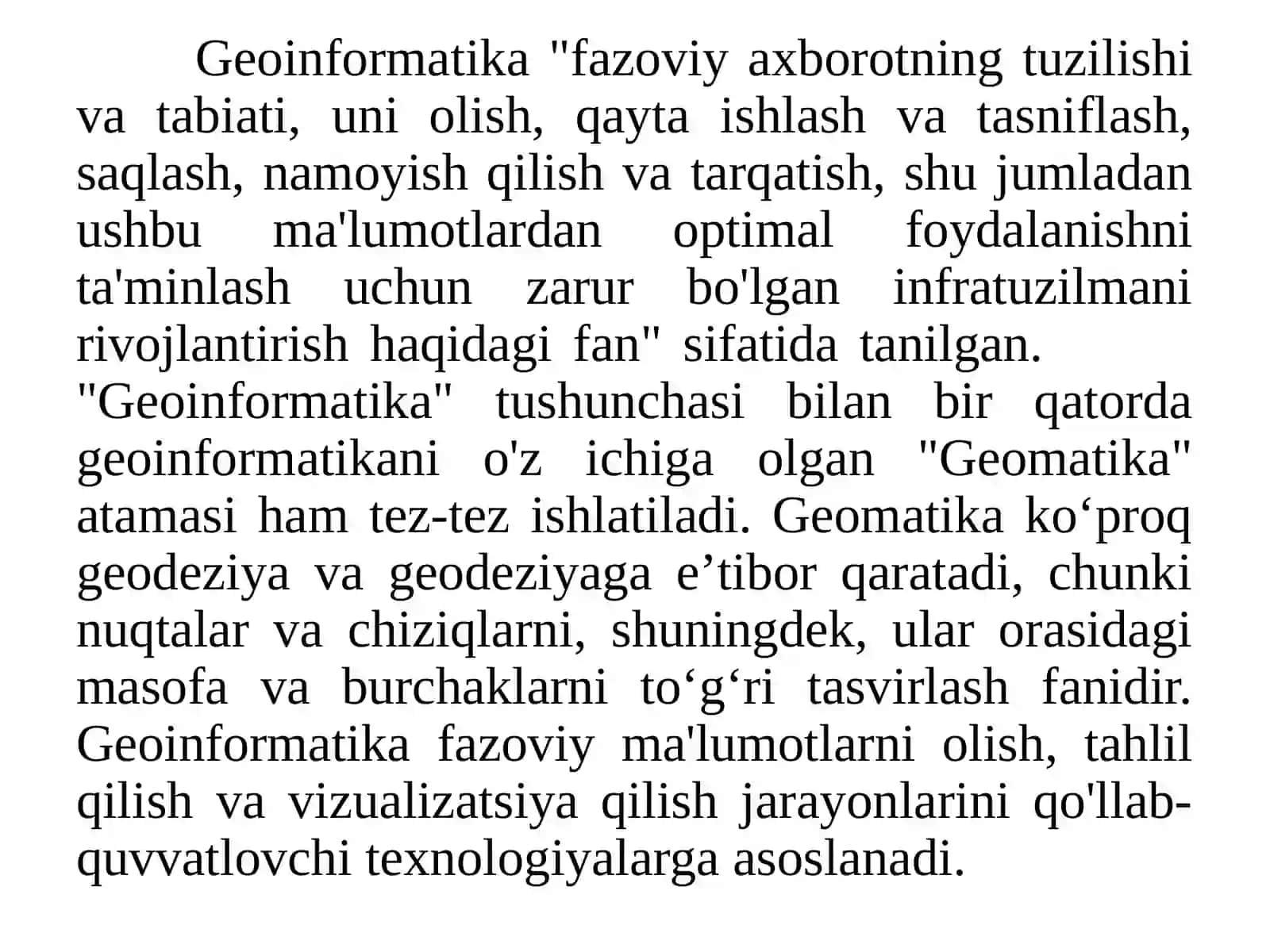 Geografik axborot tizimlariga kirish. GISning asosiy komponentlari va ularning funksionalligi. Geografik axborot tizimlarining rivojlanish tarixi. GISda fazoviy ma'lumotlarni tahlil qilish va talqin qilish usullari 3