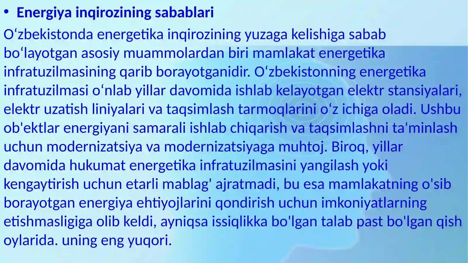 Energetik inqiroz sabablari va muammolarini yechimi yo’llari 3
