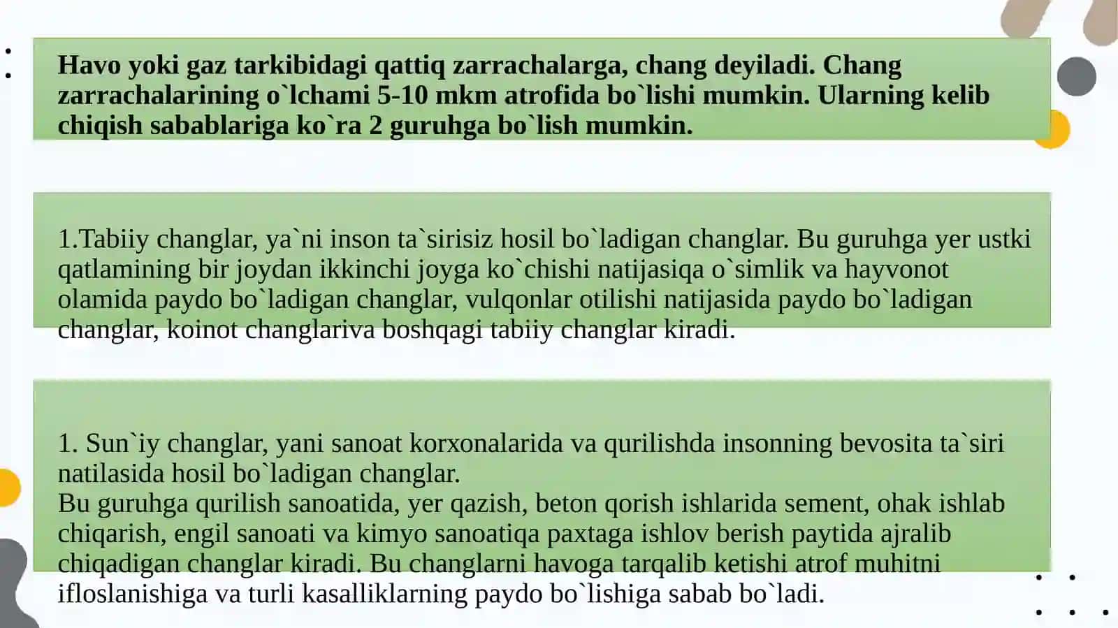 Xavoni xar xil gazlardan, turli xil chang zarralaridan tozalash usullari 3