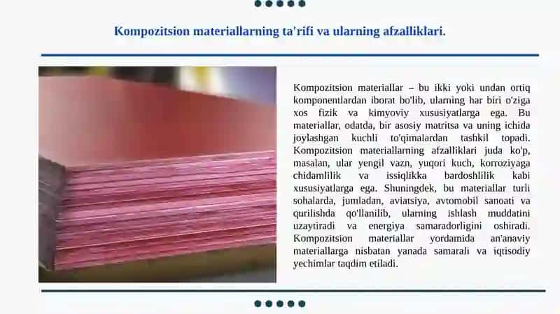 Kompozitsion materiallar tushunchasi va ularning asosiy tarkibiy qismlari nimalardan iborat 3
