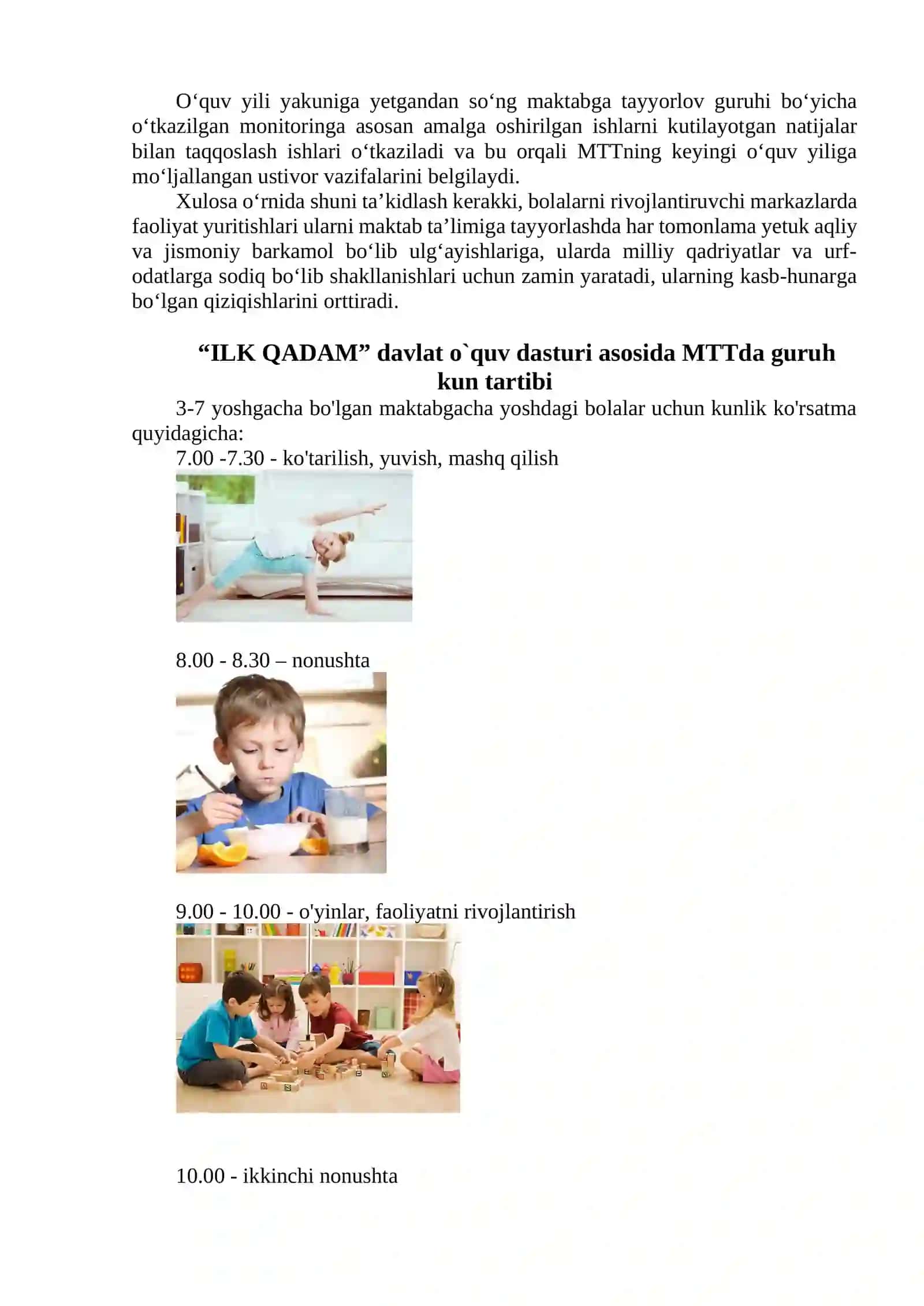 “ILK QADAM” davlat o`quv dasturi asosida MTTda ma`lum bir yosh guruh kun tartibini tuzish 3