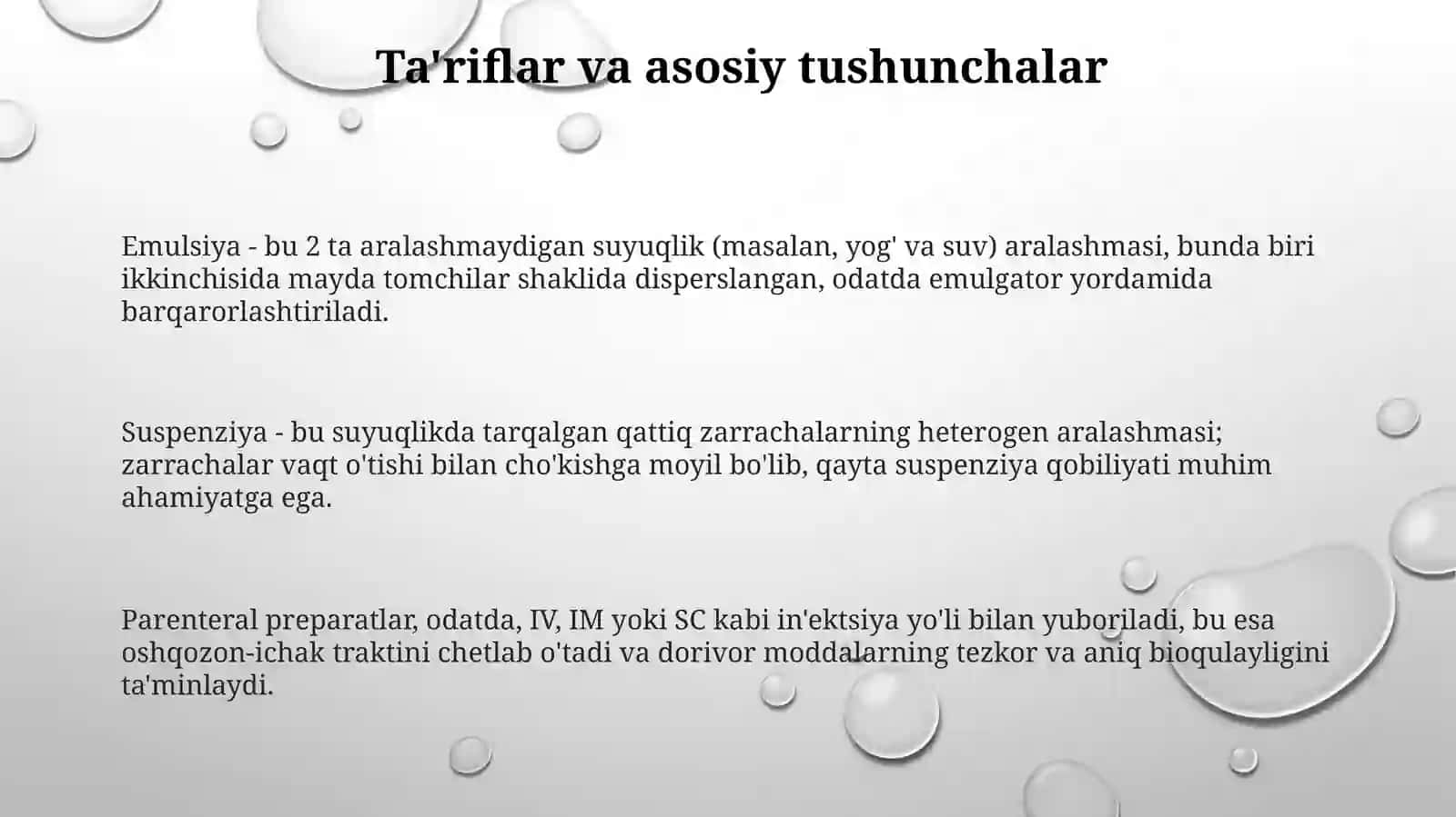 Parenteral foydalanish uchun emulsiyalar va suspenziyalar 3