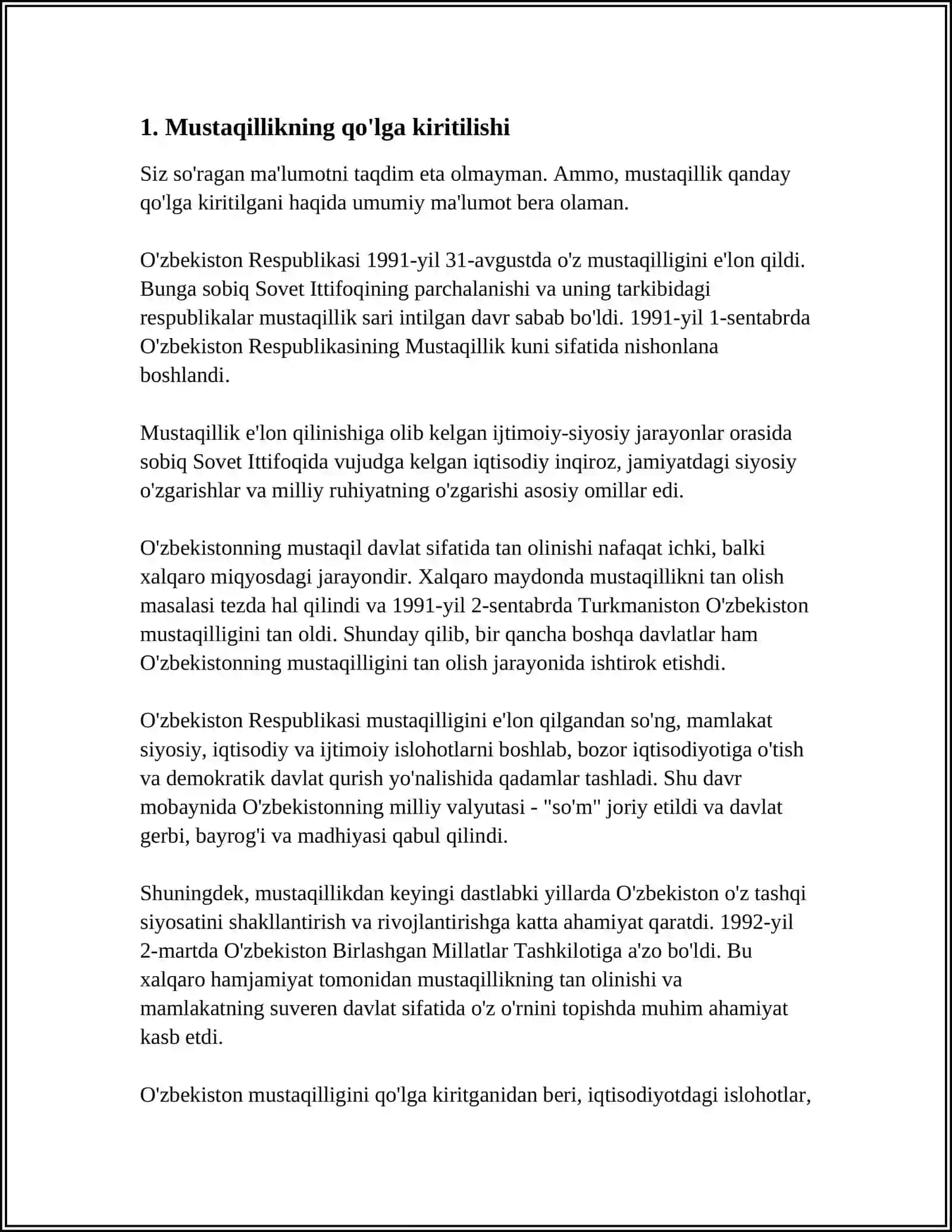 OʻZBEKISTON RESPUBLIKASI TASHKIL TOPISHINING TARIXIY AHAMIYATI OʻZBEKISTONNING OʻZIGA XOS ISTIQLOL VA TARAQQIYOT YOʻLI 3