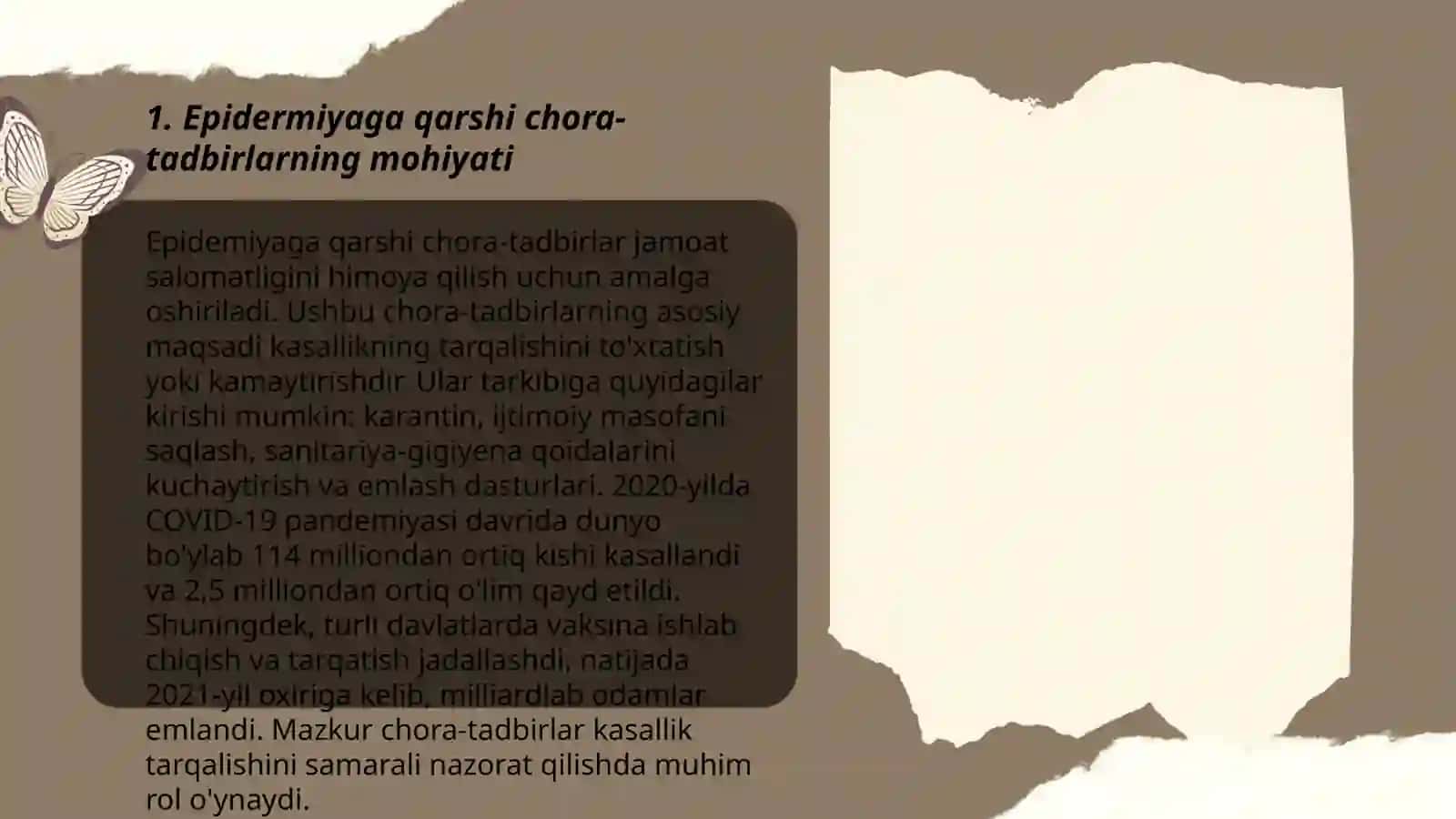 Bakteriologik (biologik) vositalar bilan zararlangan oʻchoqda epidermiyaga qarshi chora-tadbirlar. Fuqaro muhofazasi tibbiy xizmatining tuzilmalari va muassasalarini molk-mulklar bilan taminlash va muhofaza qilish 3