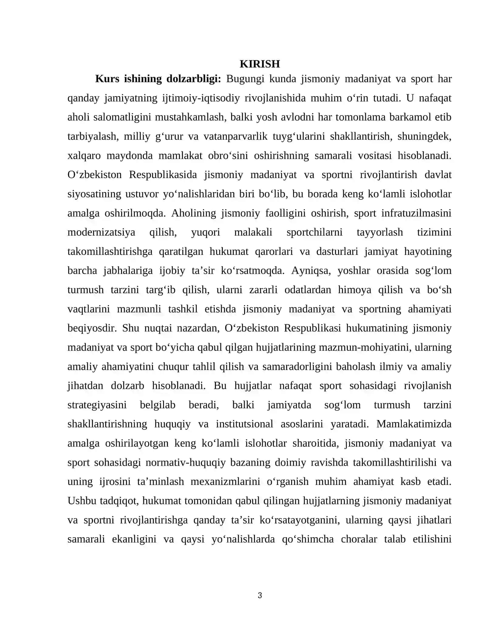 "JISMONIY MADANIYAT YONALISHI OʻZBEKISTON RESPUBLIKASINING HUKUMATNING JISMONIY MADANIYAT VA SPORT BOʻYICHA QABUL QILINGAN HUJJATLAR AHAMIYATI" 3