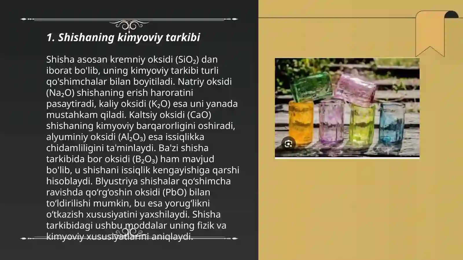 Shishaning tuzilishi, tarkibi, xossalarini oʻrganish. Keramika va elektrotexnik materiallarga ishlov berish texnologiyasini oʻrganish 3