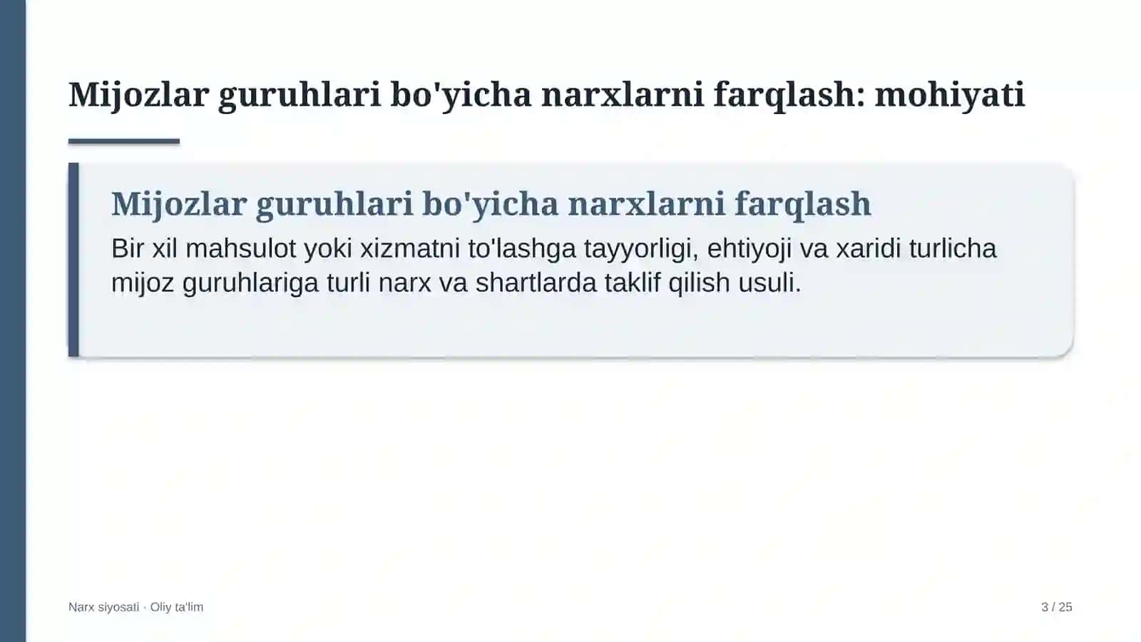 reabilitatsiya markazlarida mijozlar guruhlari bo'yicha narxlarni farqlash 3310 3