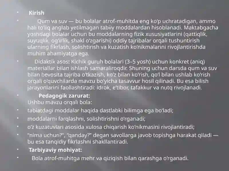 Qum va suvning xususiyatlari bilan tanishtirish. (kichik guruh) Fan va tabiat markazi 3
