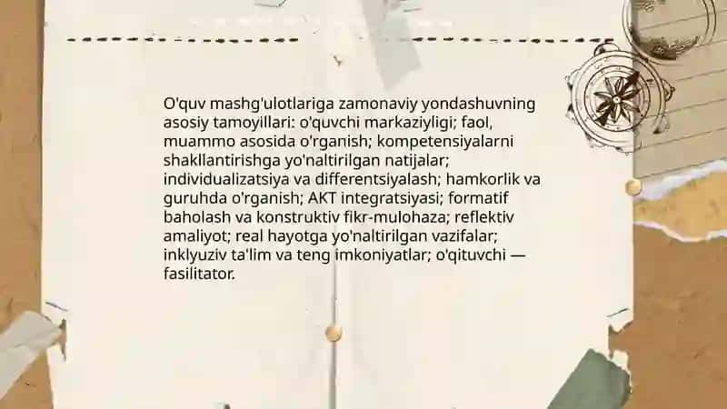 O'quv mashg'ulotlarini tashkil etish va o'tkazishga zamonaviy yondashuvlar mavzusidan slayt qilib ber 3