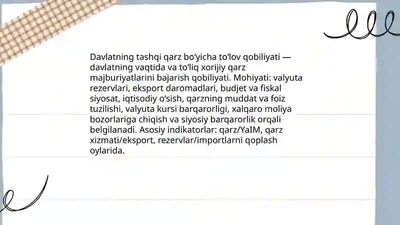 Davlatning tashqi qarz boʻyicha toʻlov qobiliyati 3
