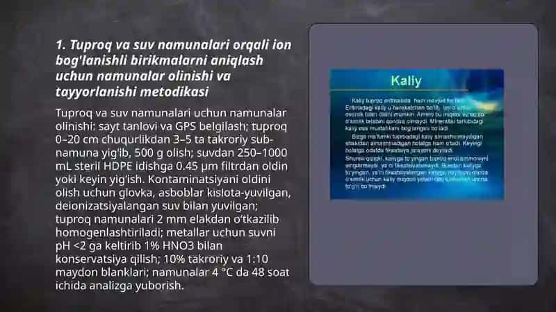 Tuproq va Suvning ifloslanishida ion boğlanishli birikmalarni aniqlab, ularni tozalash usulini ishlab chiqish 3