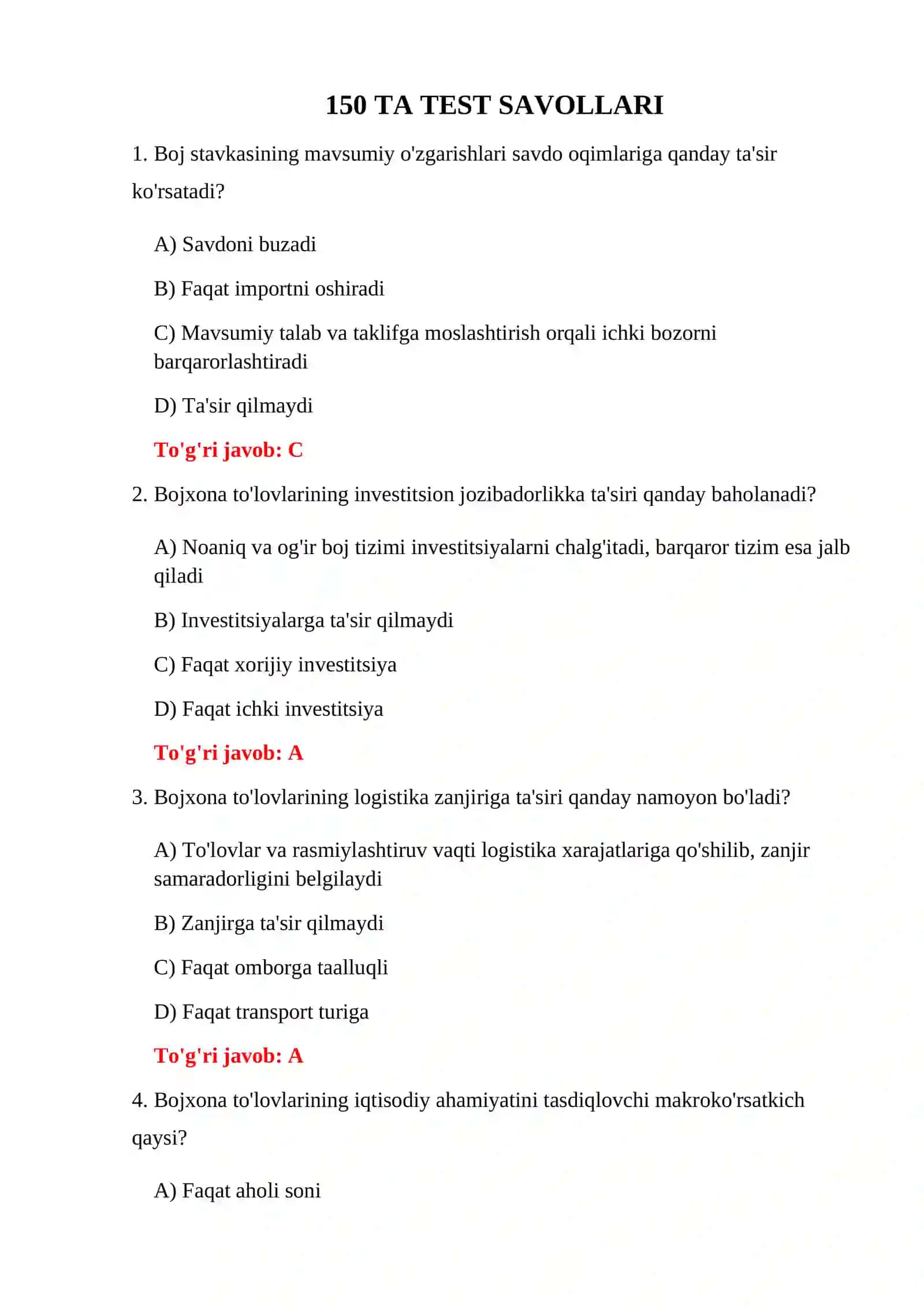 BOJXONA IQTISODIYOTI TEST SAVOLLARI 3