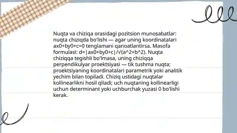 Geometrik feguralar orasida pazitsion va metrik munosabatlarni tekshirish 3