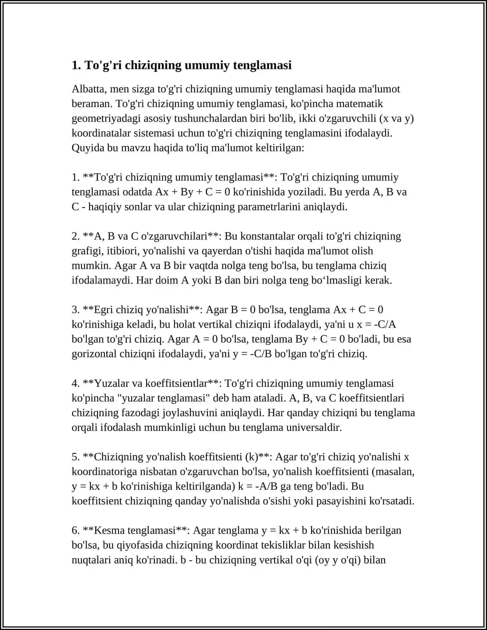 TEKISLIKDA TO'G'R CHIZIQ TENGLAMALARI 3
