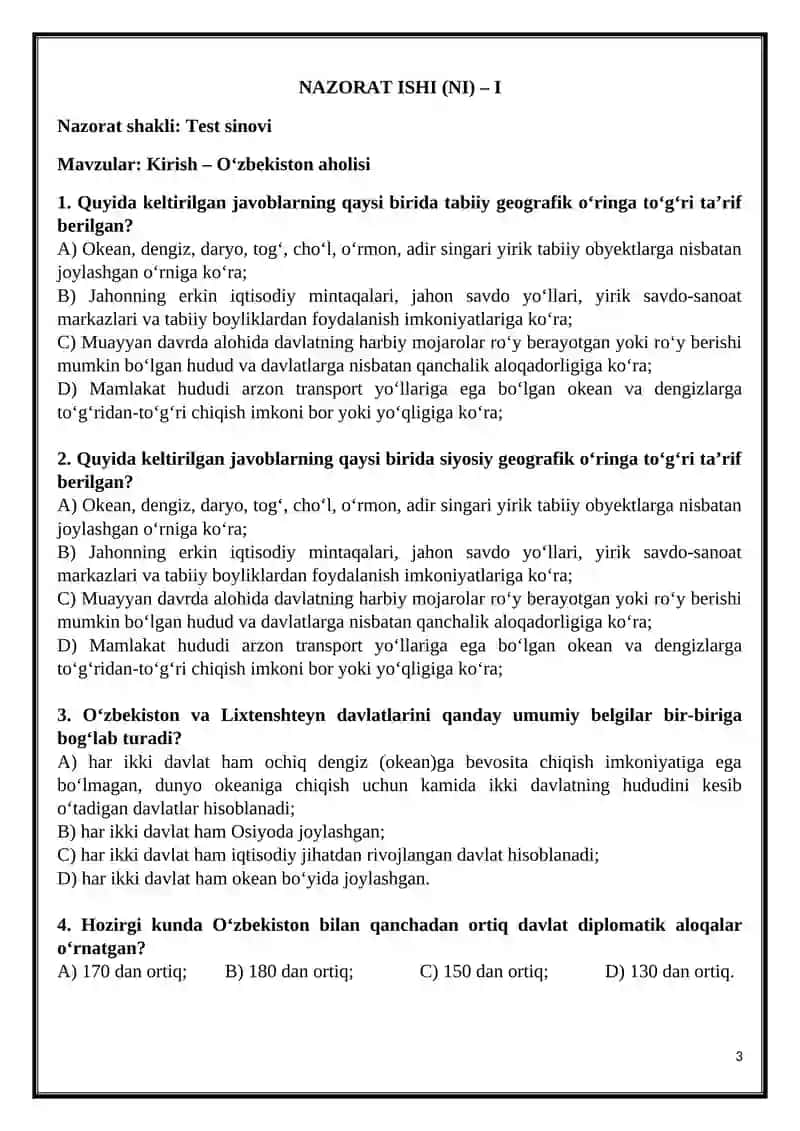 UMUMTA’LIM MAKTABLARI 8-SINF O‘QUVCHILARI UCHUN GEOGRAFIYA FANIDAN YILLIK NAZORAT ISHLARI JAMLANMASI 3