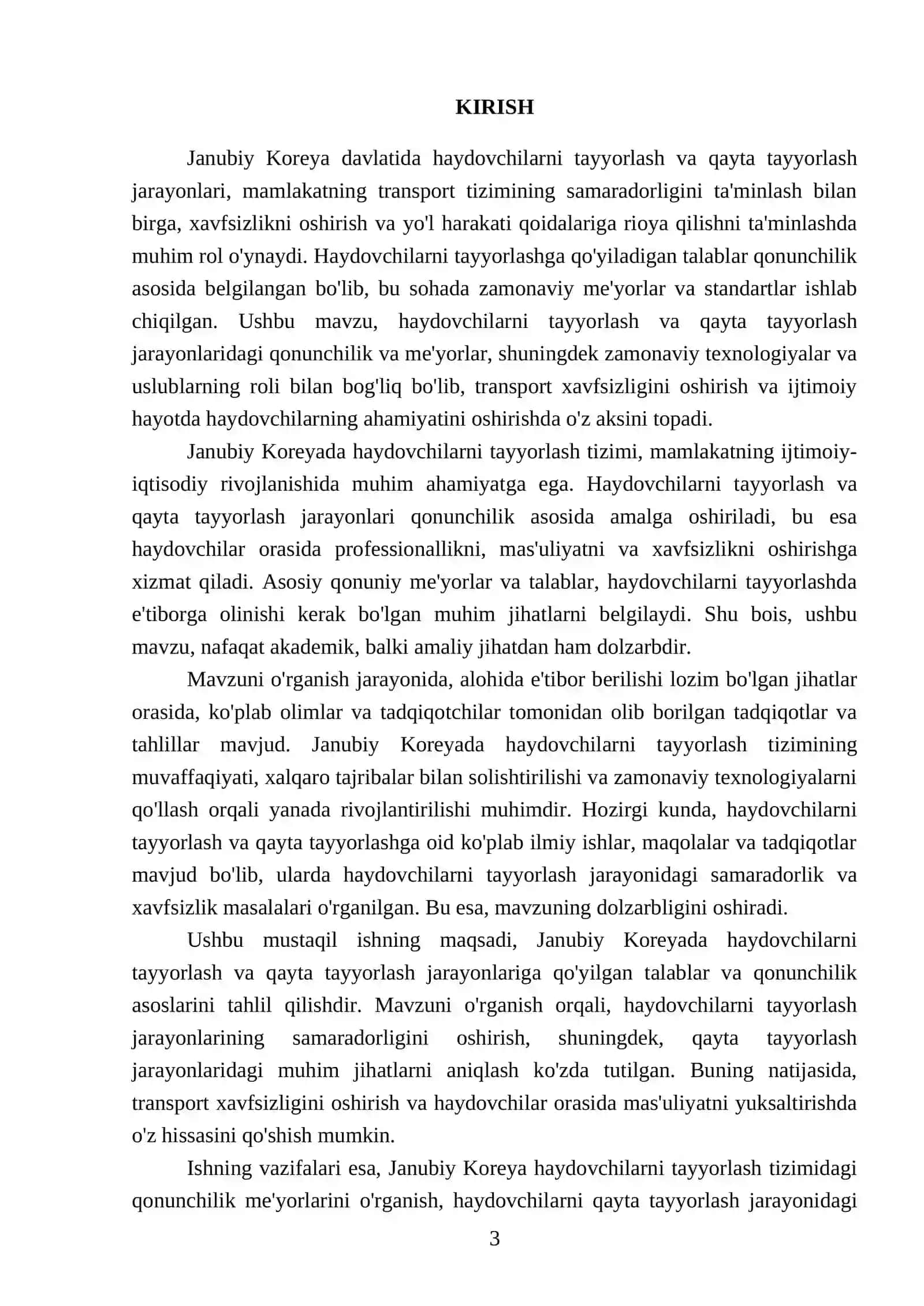 Janubiy Korea davlatida haydovchilarni tayyorlah va qayta tayyorlashga qoyilgan talablar qonunchilik fanidan 3