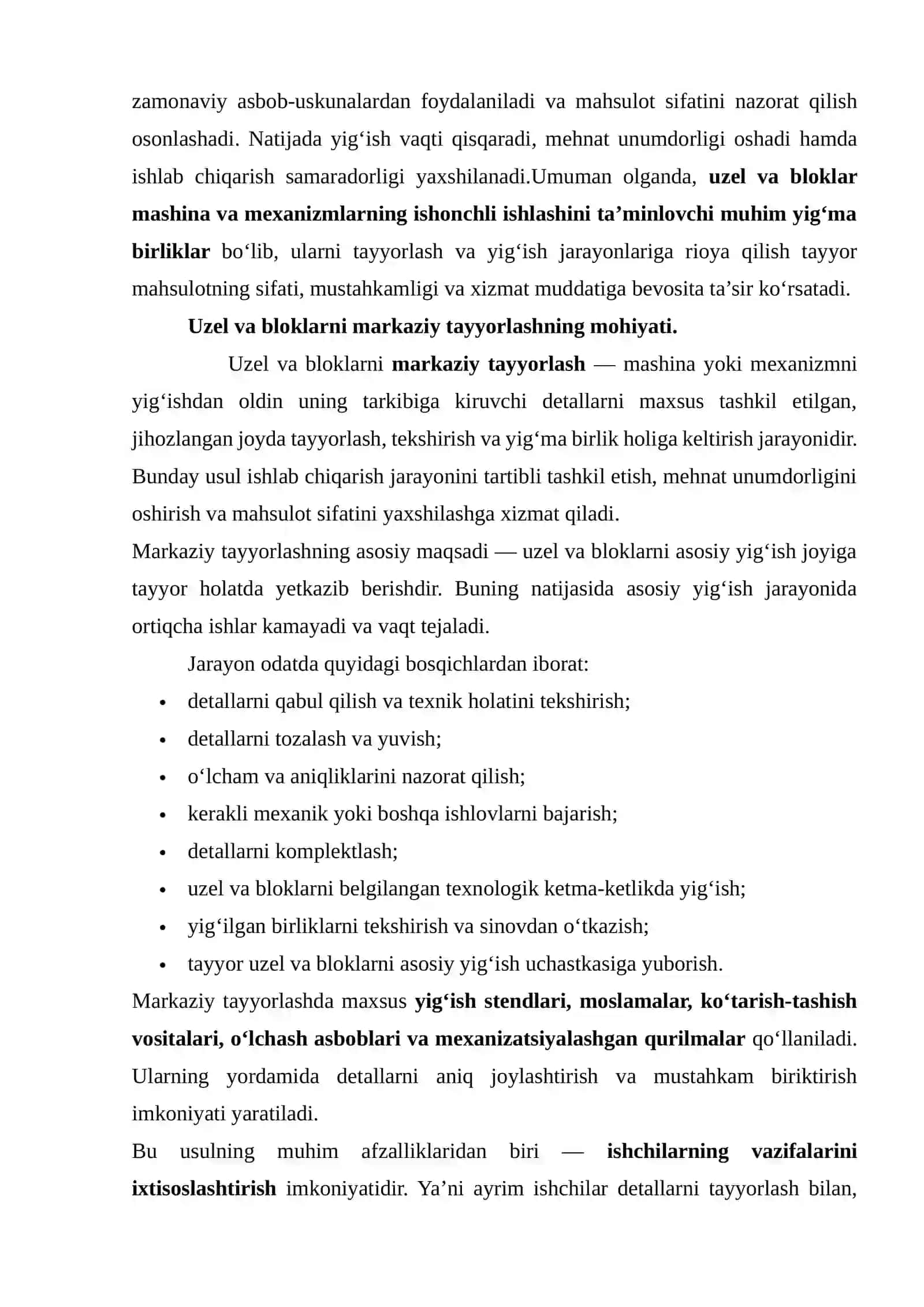 mustaqil ish Uzel va bloklarni markaziy tayyorlash va yig‘ish jarayonlarini o‘rganish. 3
