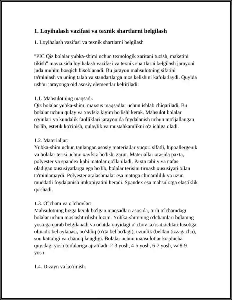 PIC QIZ BOLALAR YUBKA – SHIMI UCHUN TEXNOLOGIK XARITASINI TUZISH, MAKETINI TIKISH 3