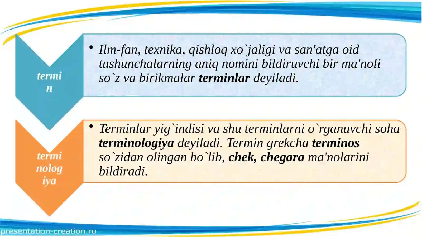 Til va terminologiya. O‘zbek terminologiyasining taraqqiyot bosqichlari. 3