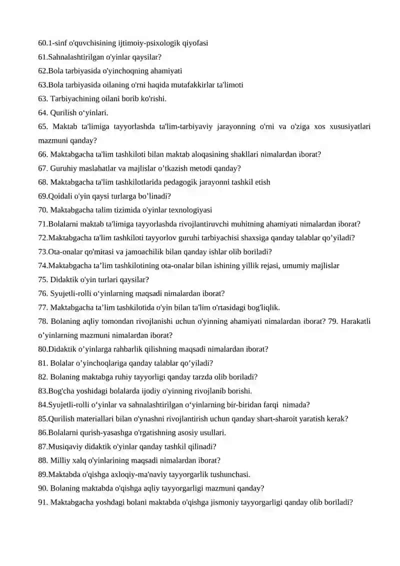 MAKTABGACHA TA’LIM YO’NALISHI MAKTABGACHA PEDAGOGIKA FANIDAN TUZILGAN SAVOLLAR 3