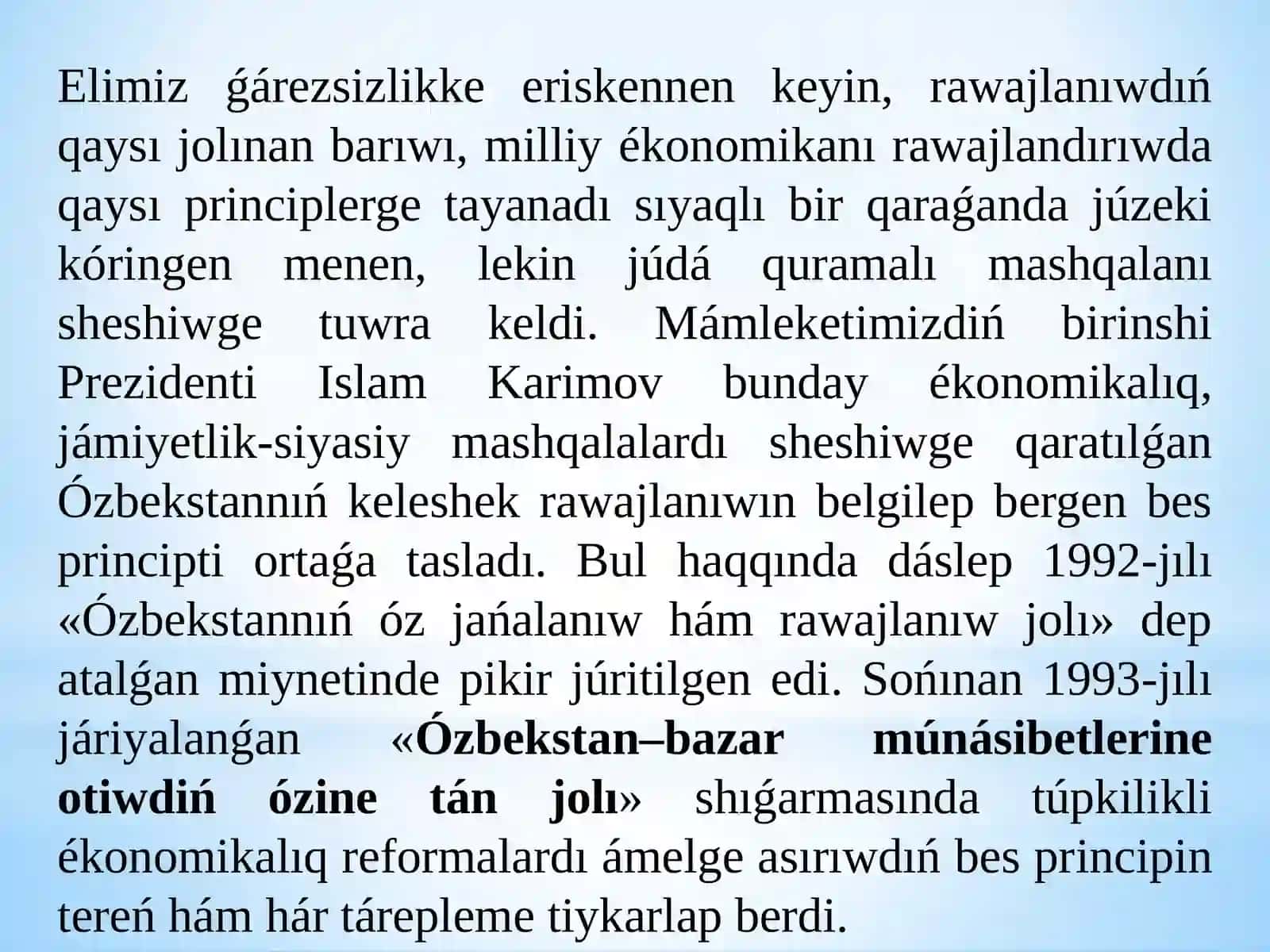 Ékonomikalıq reformalar, jeke menshiktiń qáliplesiwi. Ózbekstanda bazar múnásibetleriniń rawajlanıwı 3