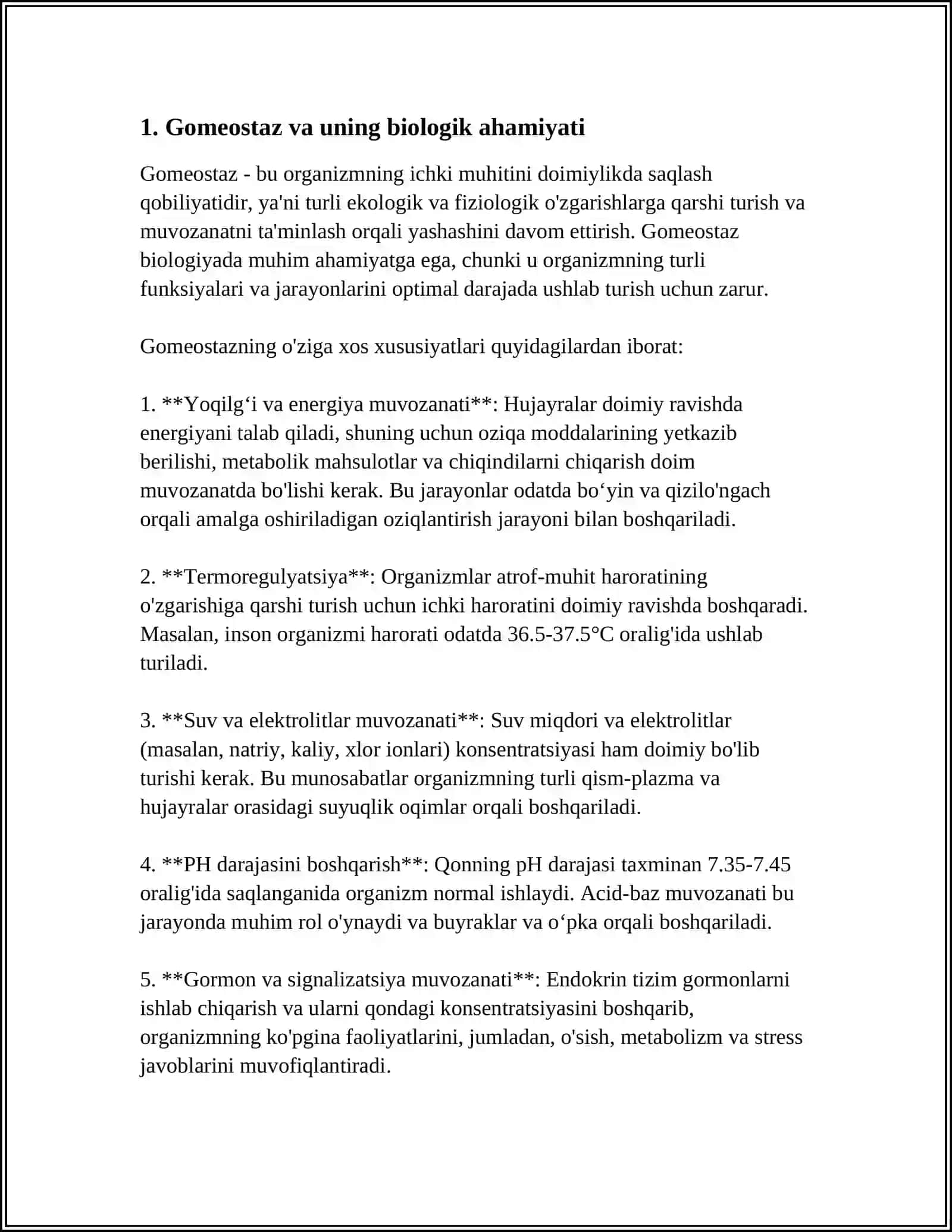 ORGANIZMNI 0'Z O'ZINI BOSHQARISHI FUNKSIONAL BOSHQARUV MEXANIZMLARI. GOMEOTAZ. ADAPTATSIYA 3