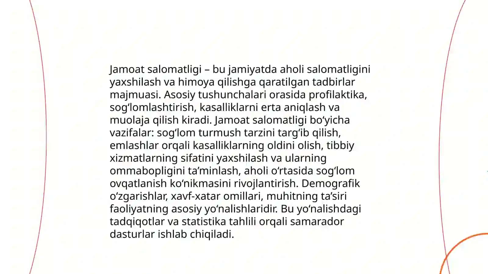 Jamoat salomatligi va sogʻliqni saqlashni tashkil etish fanini oʻrni asosi kompanentlari tibbiyot ststistika uning sogʻliqni saqlashdagi axamyati 3
