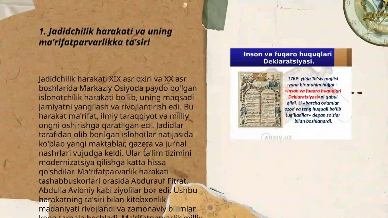 Jadid ma'rifatparvarlarining oʻlka ijtimoiy-ma'naviy hayotida tutgan oʻrni (Munavvar Qori, Fitrat, Behbudiy, Avloniy va boshqa.) 3