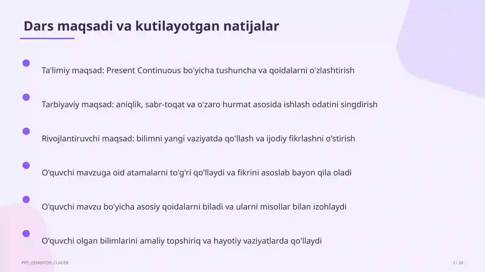 Present Continuous (5-sinf) Ingliz tili (1– 11) — metodik birlashma uchun 3