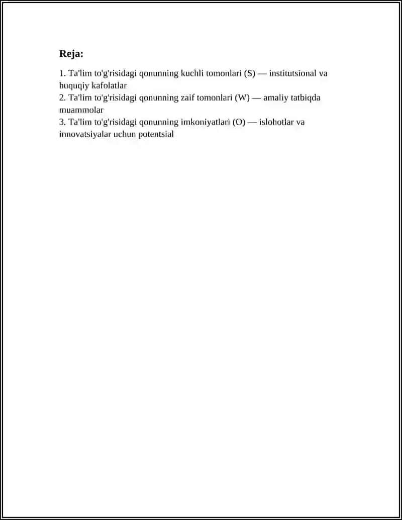 UMUMIY PEDAGOGIKA FANIDAN SWOT TAHLIL YOZISH 3