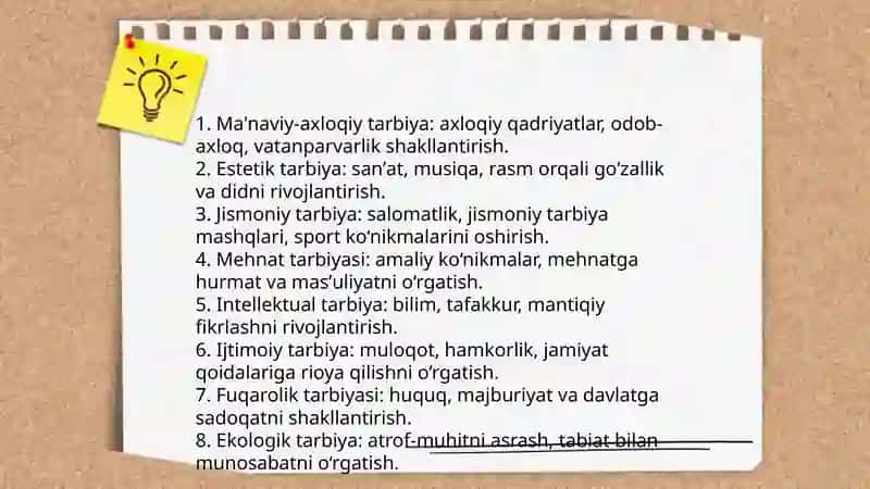Boshlang'ich talimdan tarbiya turlari. Mehnat va jismoniy tarbiyaning mohiyati va vazifalari. Estetik tarbiya haqida tushuncha 3