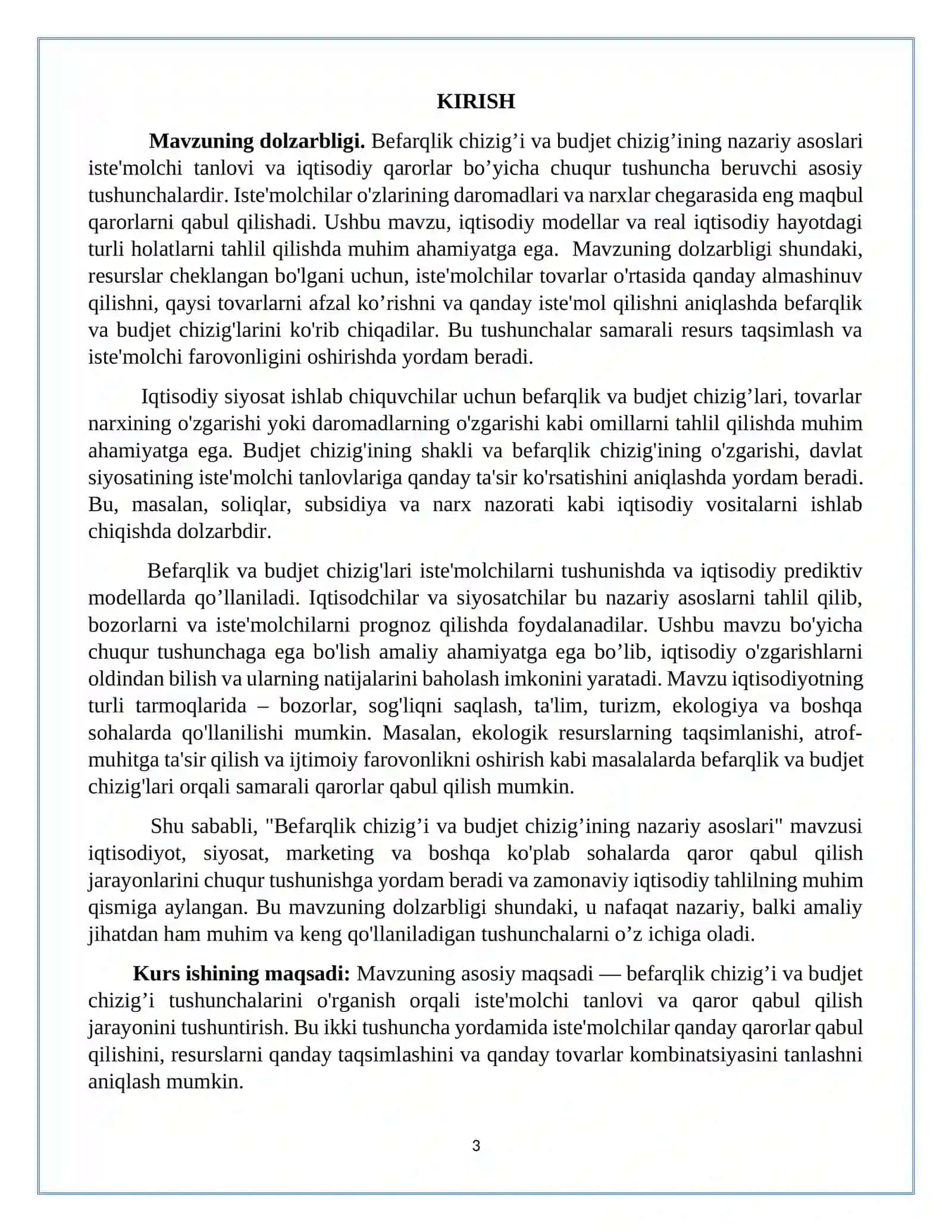 Befarqlik chizig’i va budjet chizig’ining nazariy asoslari. Kurs ishi 3