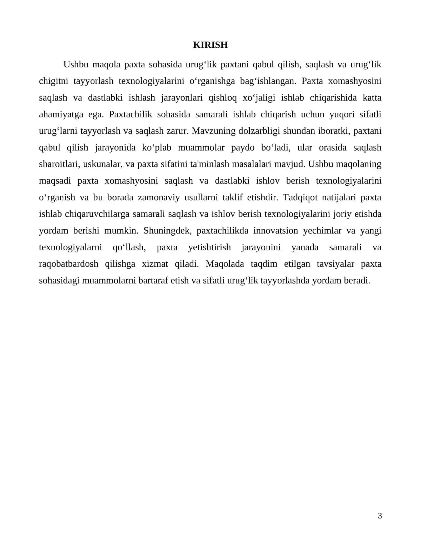 Urug‘lik paxtani qabul qilish va saqlash texnologiyasi 3