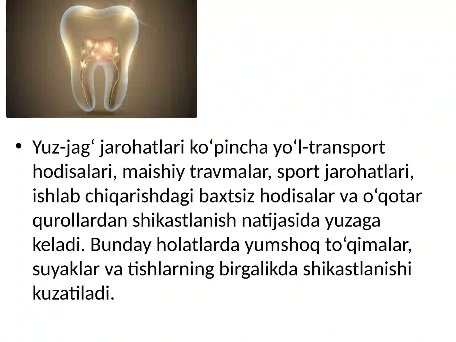 Yuz-jagʻ soxasi jaroxatlari: yumshoq tpqima,tish,yuz-jagʻ suyaklarining sinishi tasnifi,klinikasi va tashxislash 3