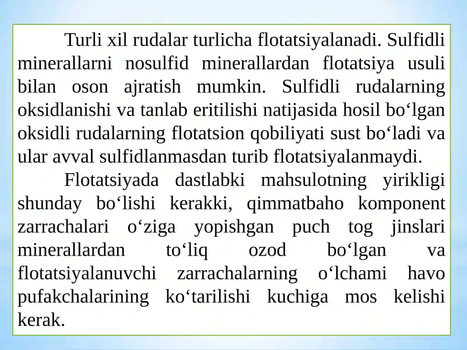 MA’RUZA. FLOTATSIYA JARAYONIGA TA’SIR ETUVCHI OMILLAR 3
