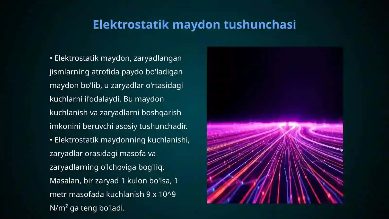 Elektrostatik maydon va kuch chiziqlari 3