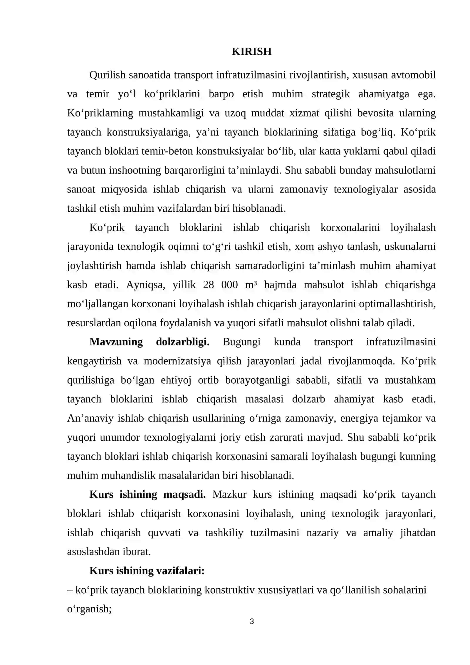 Ko’prik tayanch bloklari ishlab chiqarish korxonasini loyihalash  (yillik maxsuldorligi: 28 000 m³) 3
