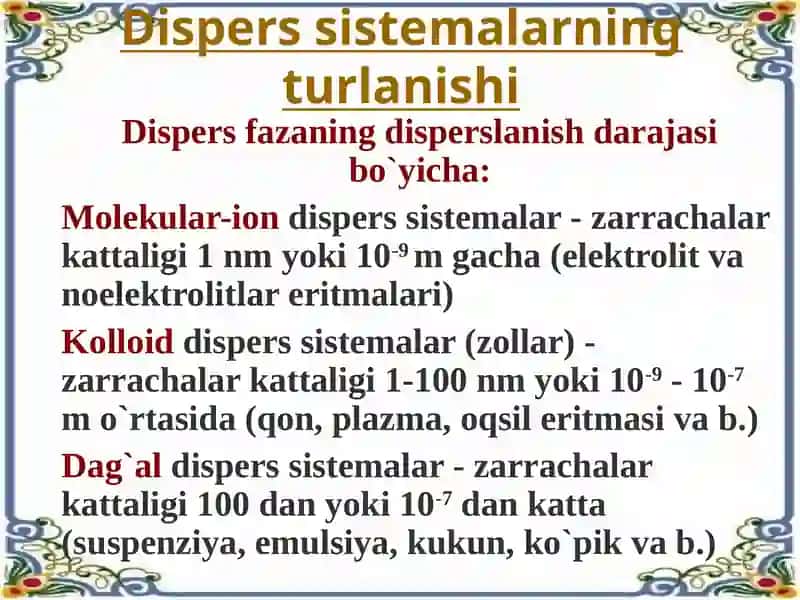 Kolloid sistemalarning molekulyar-kinetik va spesifik xossalari. Kolloid sistemalarning turgʻunligi. Dagʻal-dispers sistemalar. 3